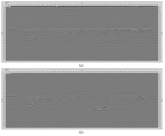 An example section of 17OB-102 (a) before and (b) after migration