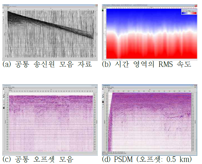 속도 및 공통 오프셋 자료에 대한 중합전 심도 구조보정 결과