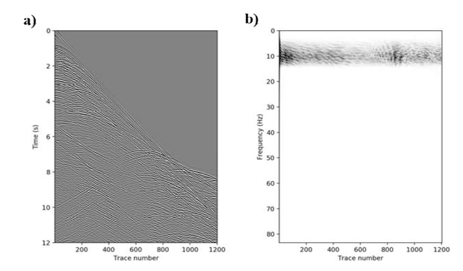 (a) Common shot gather applied boxcar bandpass filter, (b) its frequency-space spectrum