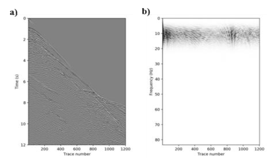 (a) Common shot gather applied Wavelet convolution filter, (b) its space-frequency spectrum