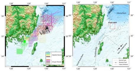 Intergrated Seismic survey lines from KIGAM and KIOST (green lines belongs to KIOST) and re-distribution map of offshore faults in the southern East Sea