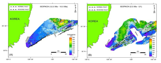 Isopach map with old fault lines in study area. (A) 12.5 Ma ~ 10.5 Ma (B) 5.5 Ma ~ present (Lee et al., 2011)