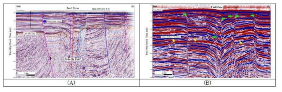 2D seismic profiles showing vertical fault lines in the study area (A) Deep 2D seismic profiles, (B) High resolution 2D seismic profiles