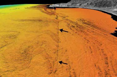 Half Moon Bay, showing scarp (arrows) along the eastern strand of the San Gregorio fault zone along California Coast