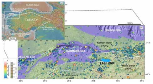 (a) Digital elevation model showing the major tectonic lines in Turkey including the North Anatolian Fault Zone(NAFZ) and the East Anatolian Fault Zone(EAFZ). (b) Earthquake activity in the Marmara region since 1900(3≤Mw≤8)