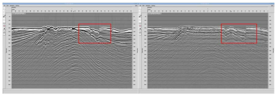 Stack section comparison after migration. (left) Sercel streamer and (right) GeoEel streamer