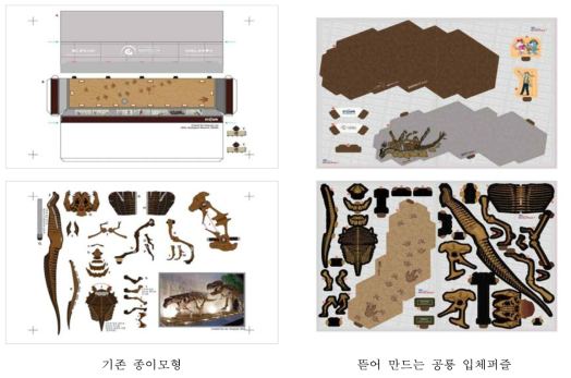 기존 종이모형과 뜯어 만드는 공룡 입체퍼즐 부품도면 비교