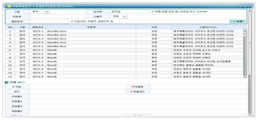 표품검색 메뉴 사용자 화면(암석 중 현무암 조회 예)