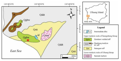 연구지역의 지질도(modified from Hwang et al., 2012)