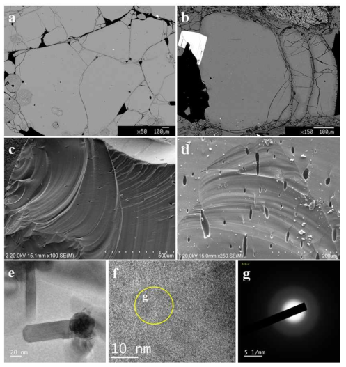 흑요암의 미세조직. (a) 흑요암의 냉각균열. (b) 냉각균열의 가장자리에 발달된 수화껍질. (c) 패각상을 보이는 파단면. (d) 용해공동이 발달한 파단면. (e) 흑요암에 포함된 나노 스케일의 알칼리장석과 철산화물. (f) TEM에서 관찰된 비정질이미지. (g) 비정질 실리카의 Electron diffraction pattern