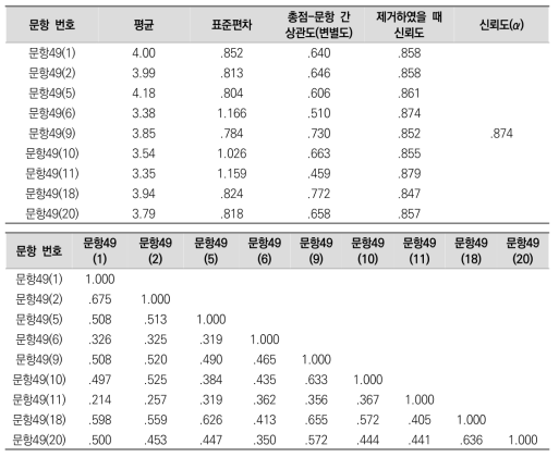 진로 준비 활동 측정 문항의 기술통계 및 신뢰도