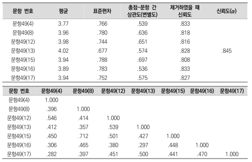 자기 이해 측정 문항의 기술통계 및 신뢰도