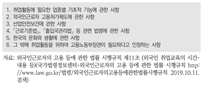 외국인근로자의 고용 등에 관한 법률 시행규칙에 명시된 교육내용