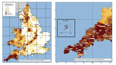 영국의 전국 라돈 지도 (좌) 및 상세 라돈 지도 (우)
