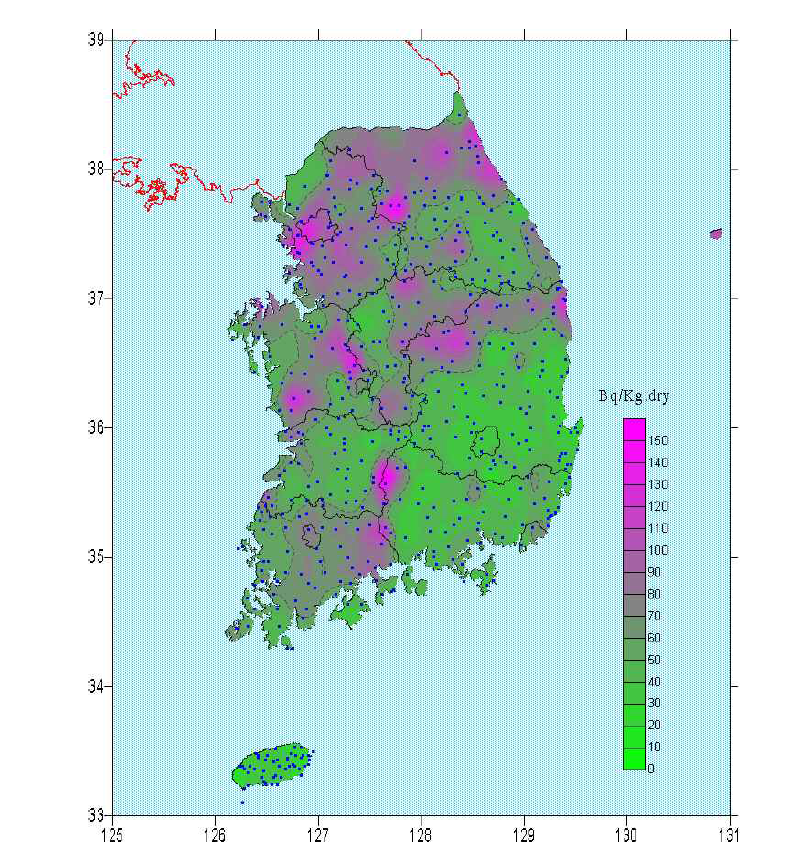 전국 표층 토양 중 232Th 농도 분포도 (KINS, 2005)