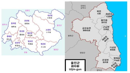 봉화군 및 울진군 경계지도 (https://ko.wikipedia.org)