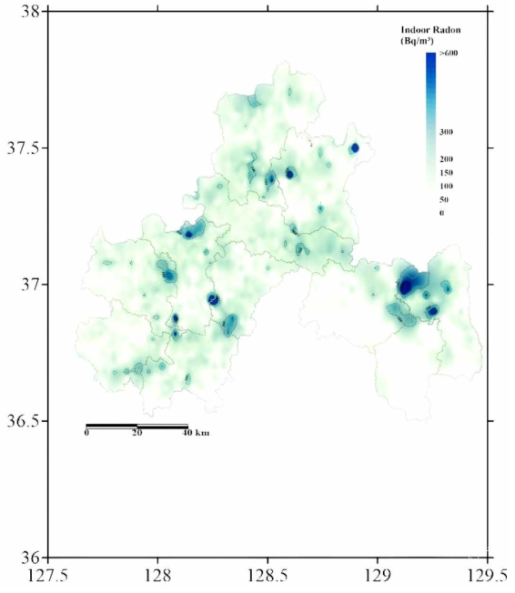 라돈 관심지역 연평균 라돈 농도 분포 등준위도