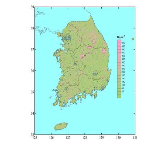 전국 라돈 농도 분포 지도 (KINS, 2012)