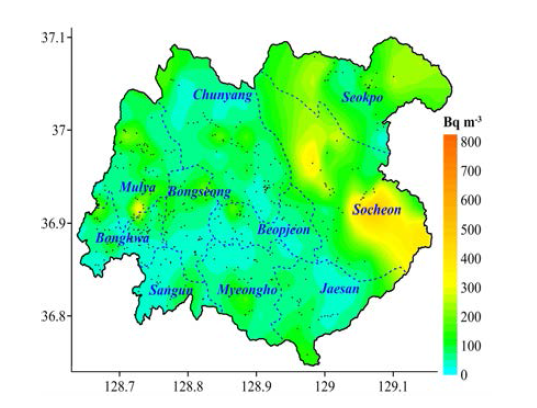 봉화군 상세 라돈 농도 분포 지도 (Lee, et al., 2015)