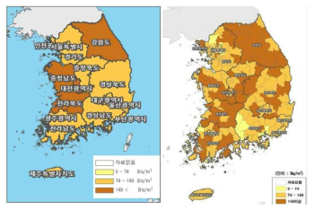 시/군/구별 전국 라돈 지도 (https://iaqinfo.nier.go.kr/radongis/Public/index.htm)