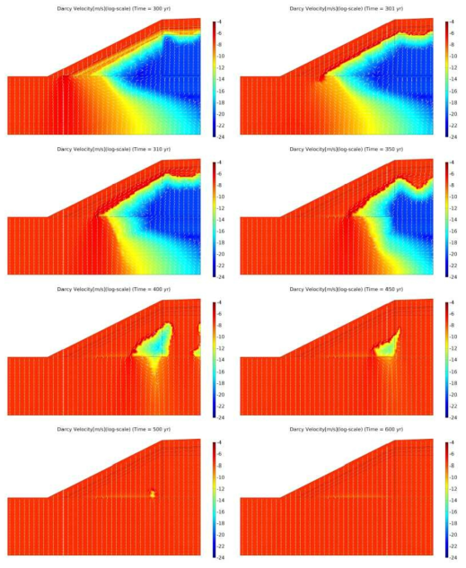 공학적방벽 안전기능 상실 이후 시간별 Darcy 유속의 공간적 분포(등고선=유속크기(로그규모); 화살표=유속방향)