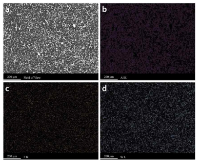 SEM/EDS 이미지. (a): SrF2를 뿌린 알루미늄의 SEM 이미지, (b): 알루미늄의 SEM/EDS 이미지, (c): F의 SEM/EDS 이미지, (d): Sr의 SEM/EDS 이미지