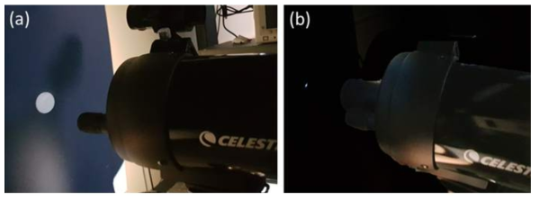 망원경을 통과한 빛의 경로 분석. (a): 망원경의 구성 요소로만 작용하였을 때 빛의 형상, (b): 망원경의 접안부에 Focusing Lens를 부착하였을 때의 빛 형상