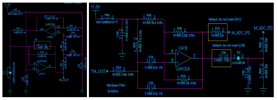 고이득 TIA 사용 PD 증폭 및 DC 제거 회로(좌), 18950Hz Bandpass filter 및 ADC 입력 회로(우)