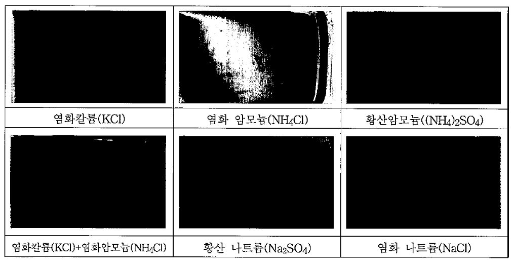 전도보조제 별 Hull Cell 사진 (작업조건 : 10A/dm2 5분, 32℃)