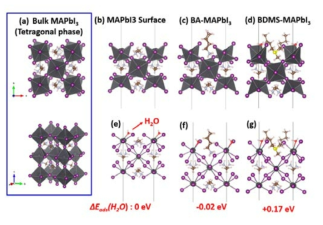 (a) MAPbI3 구조, (b-d) 유무기 페로브스카이트 MAPbI3 표면과 리간드 BA, BDMS 간 상호작용을 고려한 미세구조 및 (e-g) 상대적인 물의 흡착에너지에 대한 DFT 계산