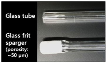 CO2 전환 생물전기화학 반응기에 적용된 glass tube inlet(상) 및 glass frit sparger(하)
