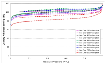 열분해된 Eco coal에 대한 Relative pressure vs. volume adsorbed