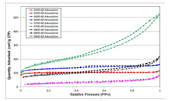 Steam 활성화된 Eco coal에 대한 Relative pressure vs. volume adsorbed