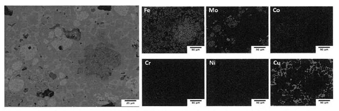 구리 용침 30%인 밸브시트 소재의 SEM 사진 및 EDS mapping