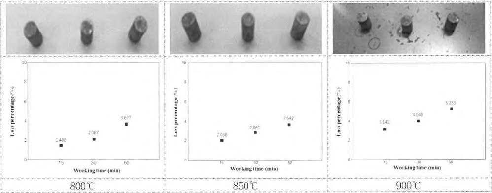직경 10mm, 높이 15mm의 시험편을 이용한 800~900°C의 온도범위에서 시간에 따른 산화스케일에 따른 중량변화