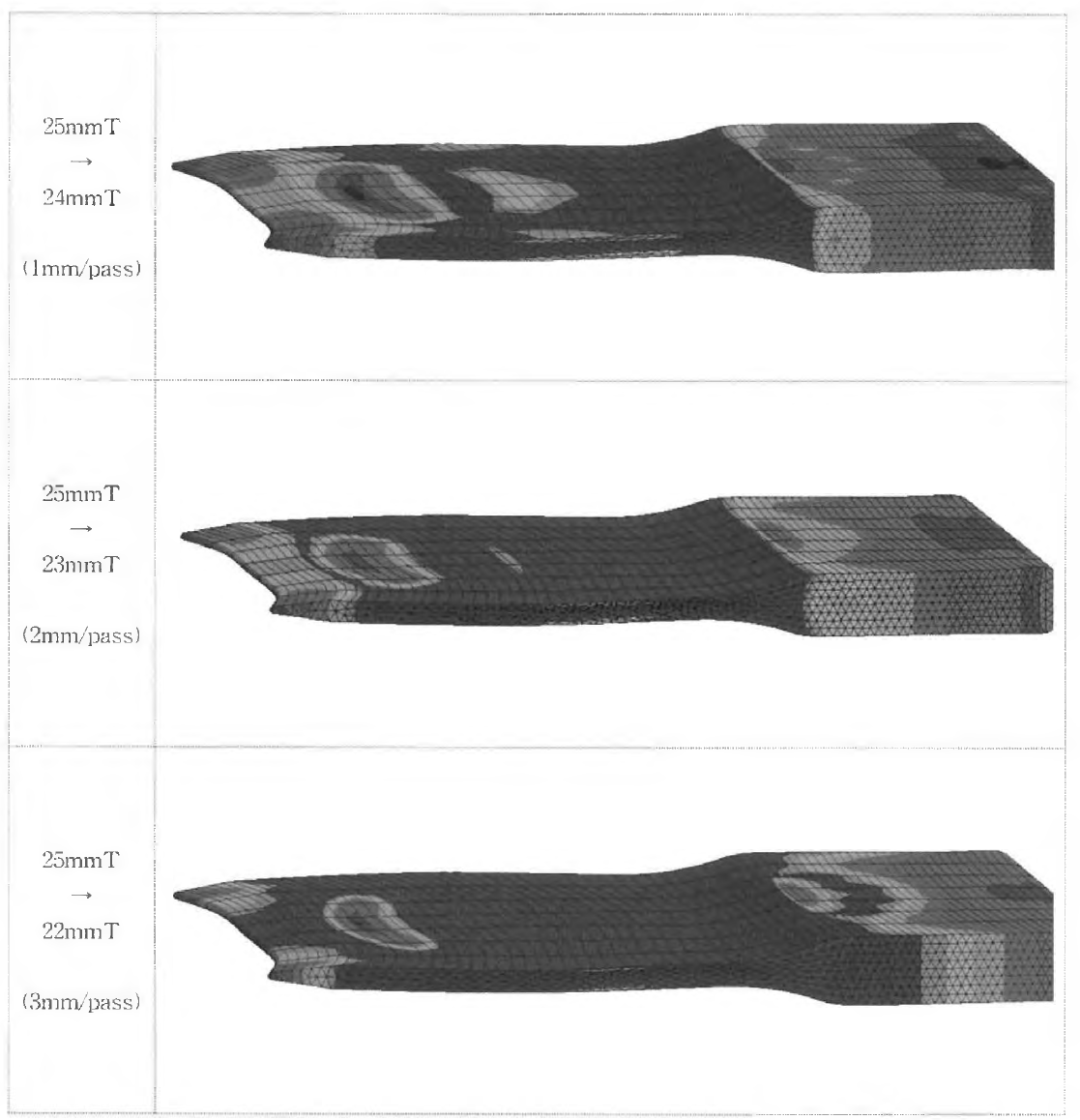 전산모사를 통한 Pass당 두께감소량에 따른 표면과 심부간의 Strain의 차이