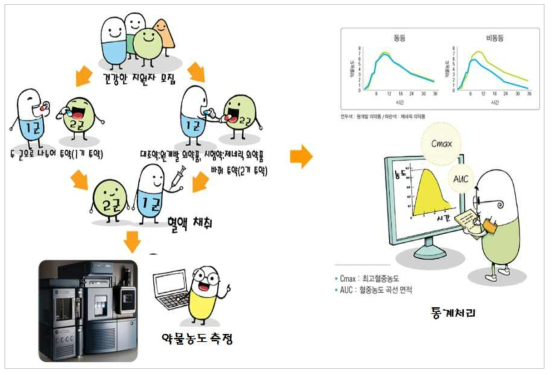 일반적인 2 x 2 교차 생물학적 동등성 시험 및 약물 분석