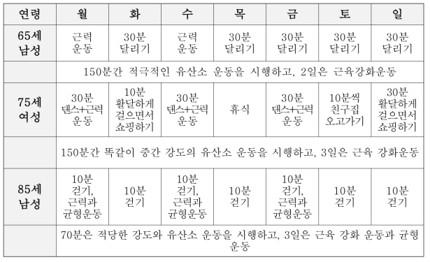 연령대별 주간 운동 프로그램