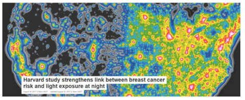 빛공해 위성 지도와 여성 유방암과의 상관관계 연구 출처 : Peter James, 하버드대, 2017년 8월 19일