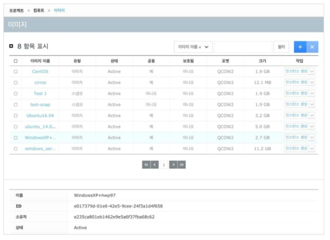 테스트시스템1: 클라우드 환경에 업로드된 시스템 노드 이미지 정보 조회 화면