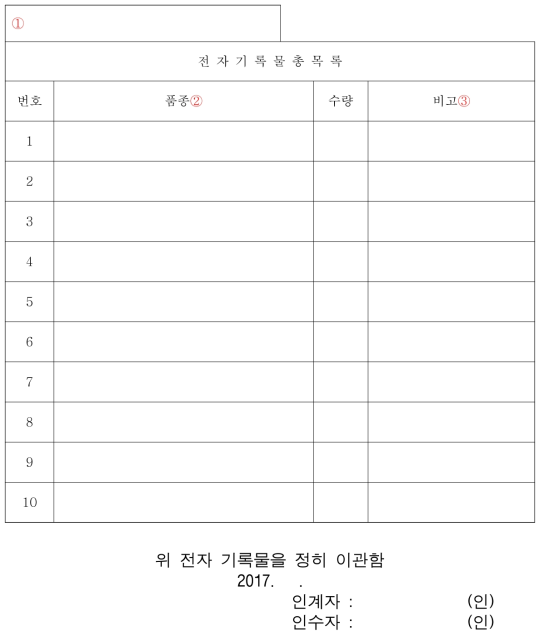 전자기록물 인수목록 서식