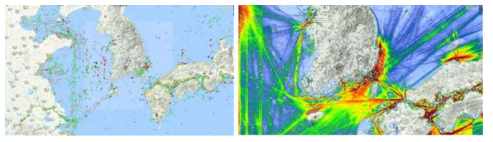 Examples of ship traffic status(left) and traffic density during 2015-2016(right) presented by Marine Traffic Portals