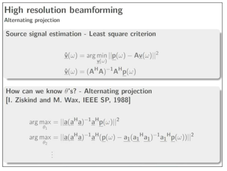 High resolution beamforming based on Alternating projection method (Byun, S. H., 2018, Ziskind & Wax, 1988)