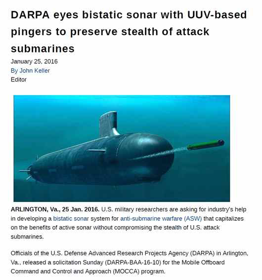 Bistatic sonar with UUV-based pingers (http://www.militaryaerospace.com/articles/2 016/01/darpa-bistatic-sonar.html)