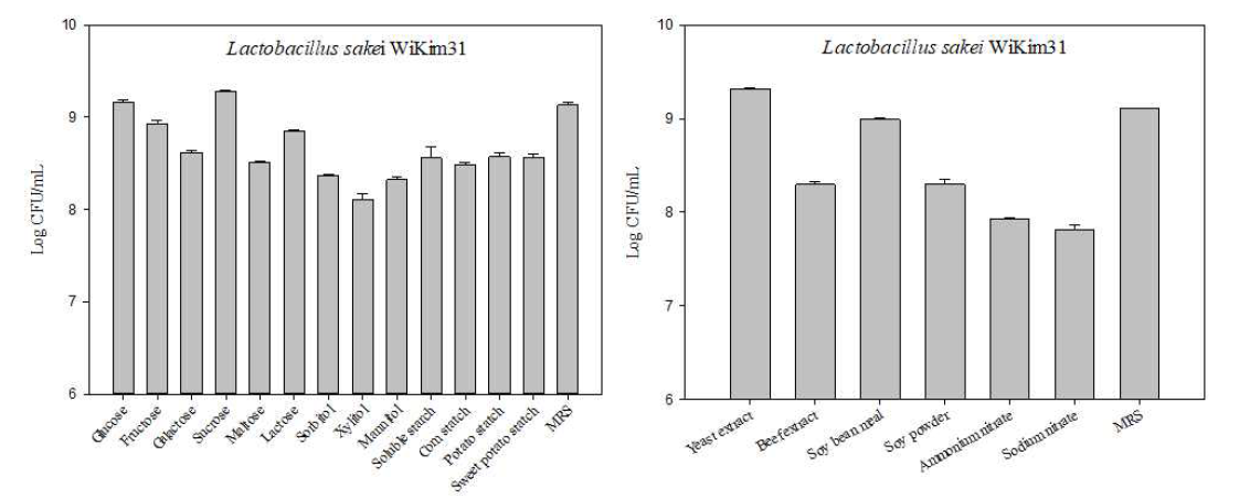 Production of Lactobacillus sakei WiKim31 depending on carbon and nitrogen sources