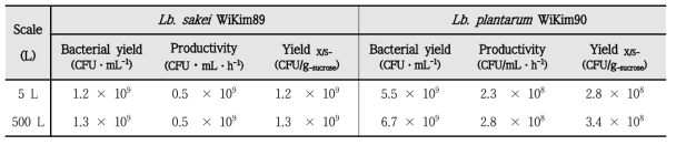 발효용량에 따른 Lactobacillus sakei WiKim89과 Lb. plantarum WiKim90의 균체 생산량 비교