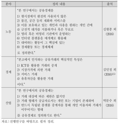 연구 분야별 공유경제의 정의