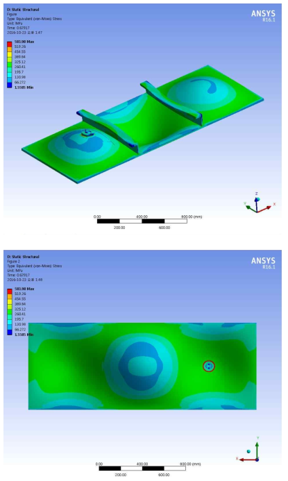 선저플러그가 설치된 보강판의 von-Mises Stress 분포 Plug 2, t=22.5mm (Scale Factor= 20) (상: 전체, 하: 아랫면)