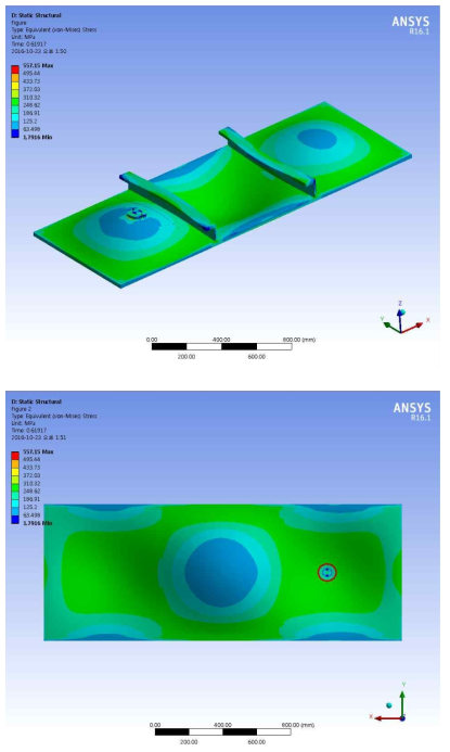 선저플러그가 설치된 보강판의 von-Mises Stress 분포 Plug 2, t=25.0mm (Scale Factor= 20) (상: 전체, 하: 아랫면)