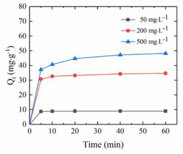 Effect of contact time and initial concentration on the adsorption capacity of Cd2+ by NaS-WS (C0 = 50, 200 and 500 mg·L−1, original pH 5.8, adsorbent dose = 5 g·L−1, T = 293 ± 2 K, t = 60 min)